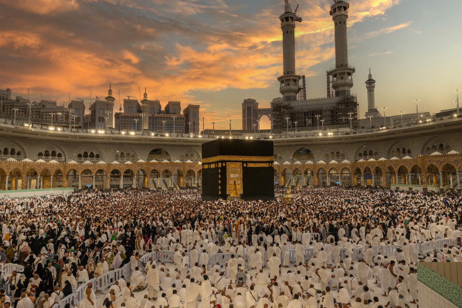 Pilgrims gathered near the Kaaba at sunset